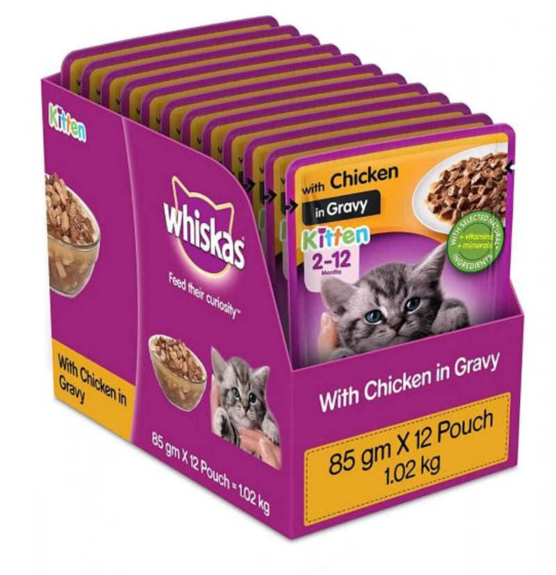 Whiskas Kitten (2-12 months) Wet Cat Food, Chicken in Gravy, 12 Pouches (12 x 85g)
