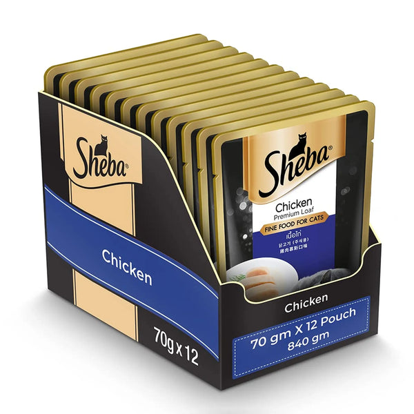 Sheba Rich Premium Adult (+1 Year) Fine Wet Cat Food, Chicken Loaf- Pack of 12 (70g x 12)