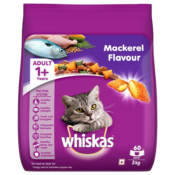 Whiskas Adult (+1 year) Dry Cat Food , Mackerel Flavour, 3Kg Pack